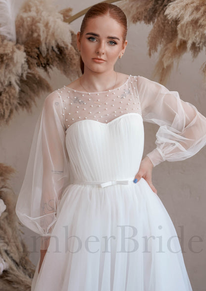 Boho A Line Wedding Dress with Long Puffy Sleeves and Artificial Pearls
