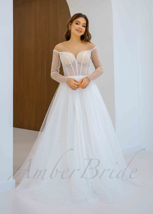 Princess Sparkling Tulle Wedding Dress with Long Sheer Sleeve