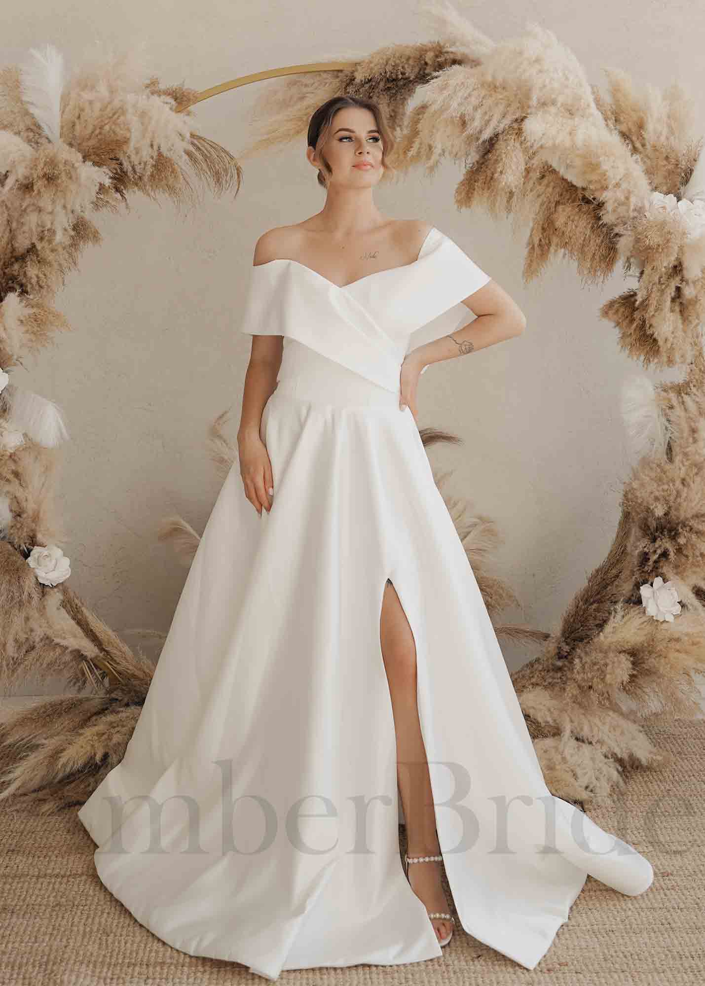 Simple A Line Satin Wedding Dress with Off Shoulder Design and Slit