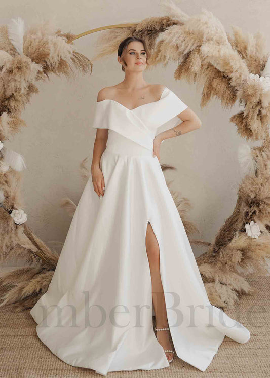 Simple A Line Satin Wedding Dress with Off Shoulder Design and Slit