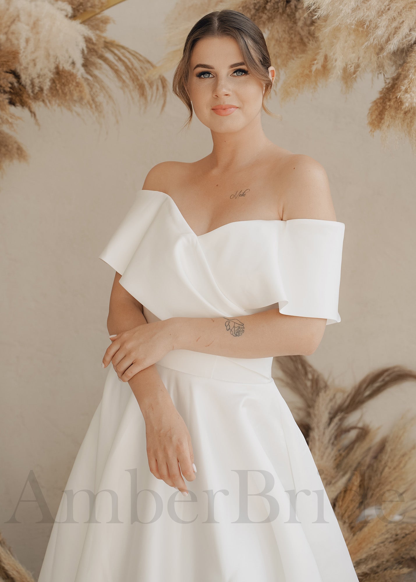 Simple A Line Satin Wedding Dress with Off Shoulder Design and Slit