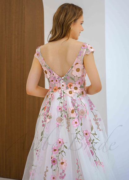 Pink Floral A Line Tulle Wedding Dress with Backless Design