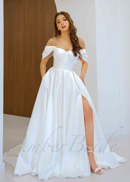 Classy Satin A Line Off Shoulder Wedding Dress with High Slit