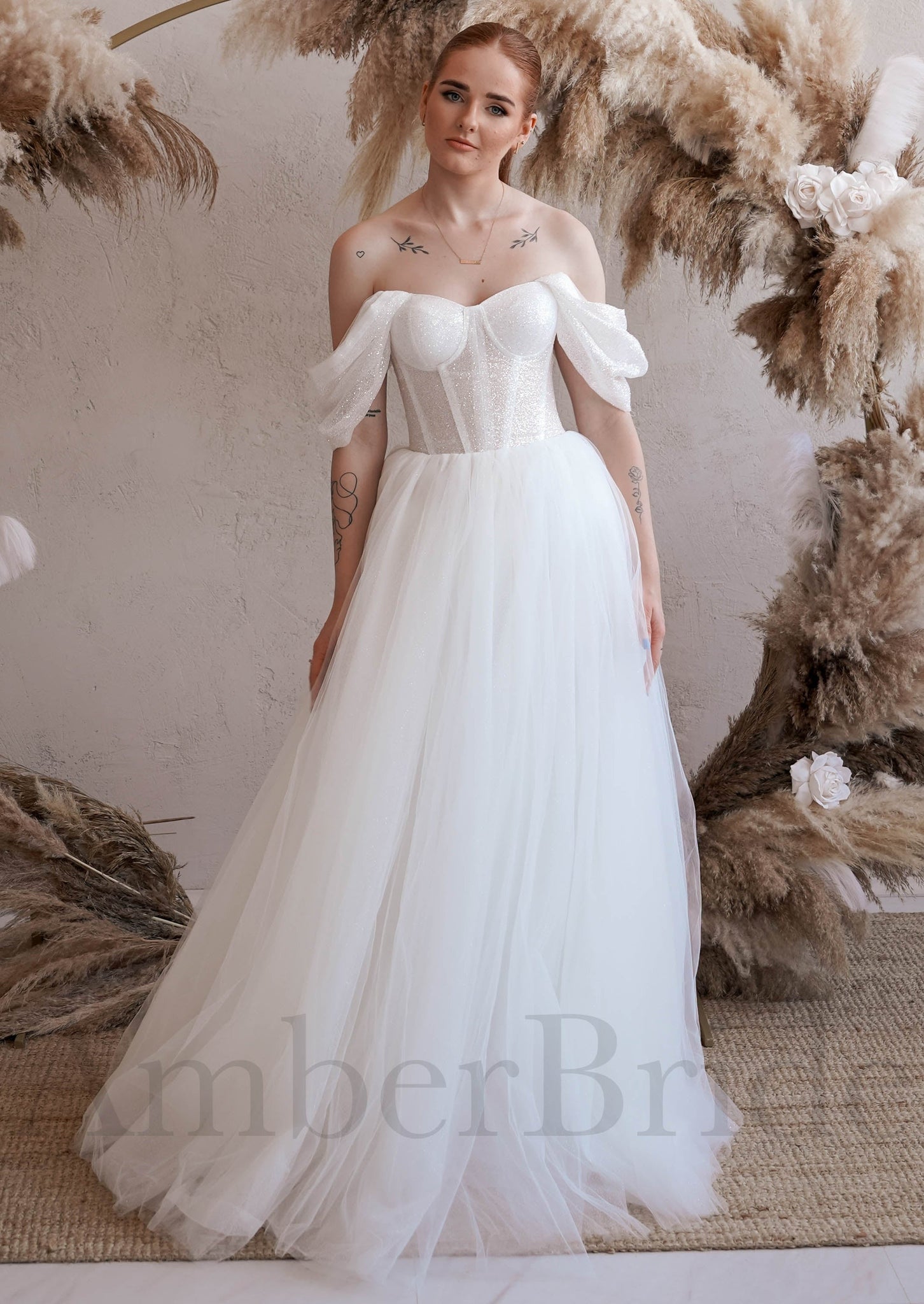 Exclusive A Line Tulle Wedding Dress with Glittery and Off Shoulder Design