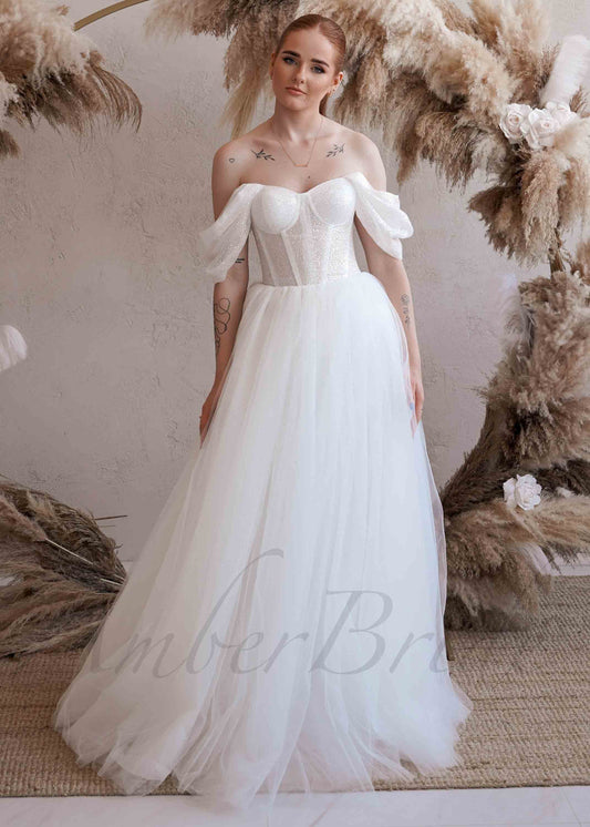 Exclusive A Line Tulle Wedding Dress with Glittery and Off Shoulder Design