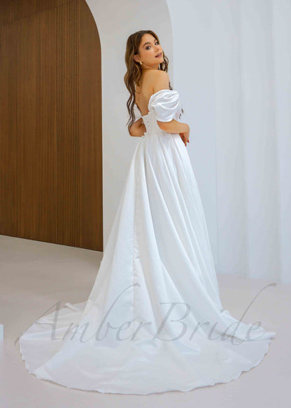 Classy Satin A Line Off Shoulder Wedding Dress with High Slit