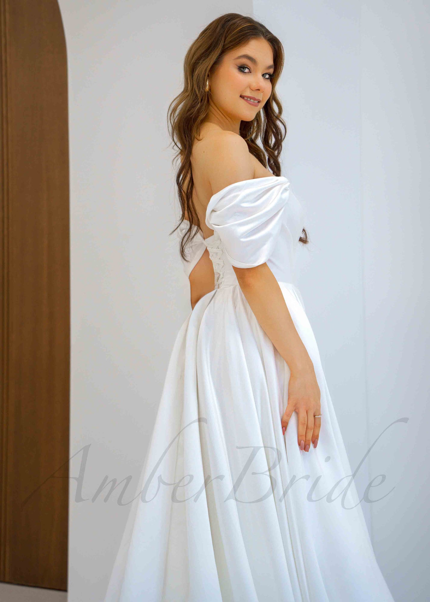 Classy Satin A Line Off Shoulder Wedding Dress with High Slit