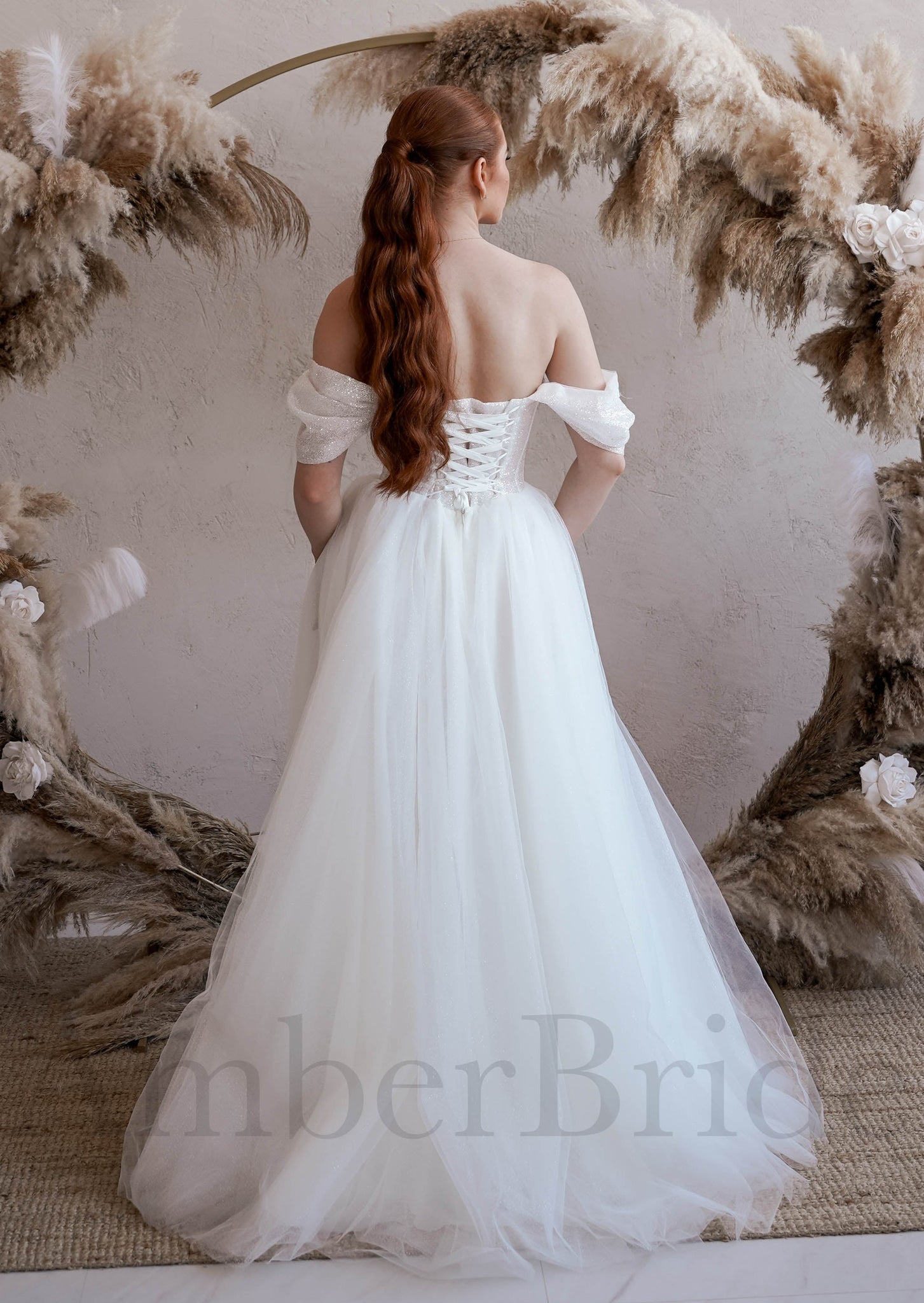 Exclusive A Line Tulle Wedding Dress with Glittery and Off Shoulder Design