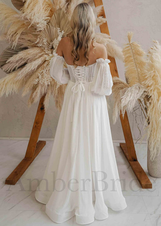 Boho A Line Lace Wedding Dress with Chiffon Skirt and Off Shoulder Bishop Sleeves