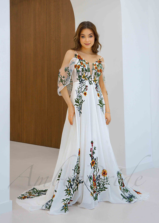 Forest Floral Chiffon Wedding Dress with Off Shoulder Embroidered Bodice