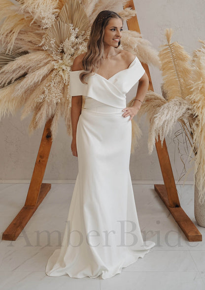 Casual A Line Satin Wedding Dress with Off Shoulder Design and Detachable Skirt