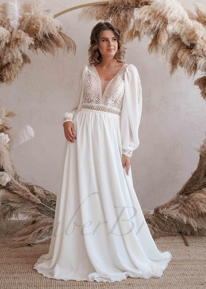 Boho A Line Lace and Chiffon Wedding Dress with Bishop Sleeve and Open V-Back