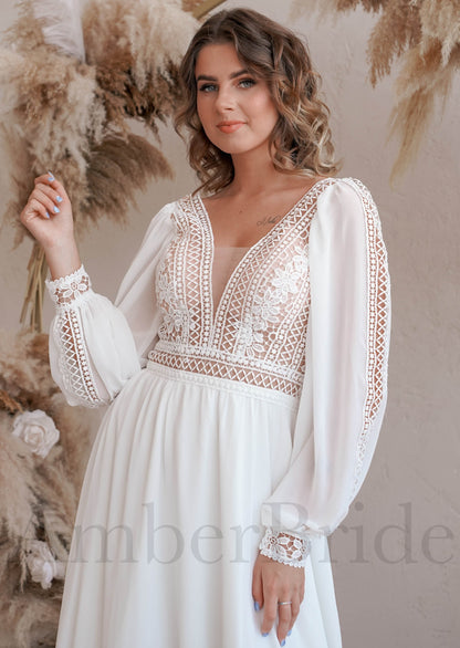 Boho A Line Lace and Chiffon Wedding Dress with Bishop Sleeve and Open V-Back