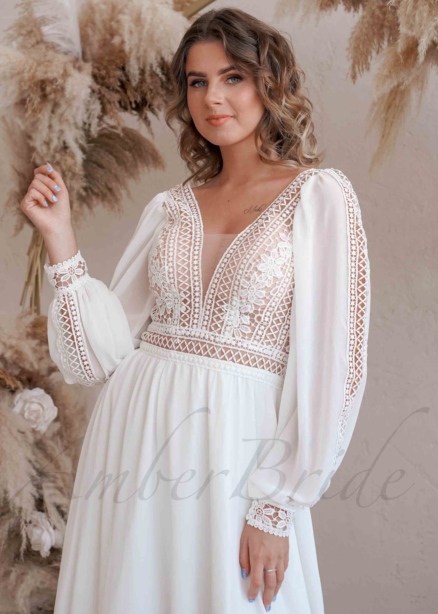 Boho A Line Lace and Chiffon Wedding Dress with Bishop Sleeve and Open V-Back