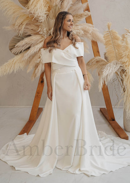 Casual A Line Satin Wedding Dress with Off Shoulder Design and Detachable Skirt