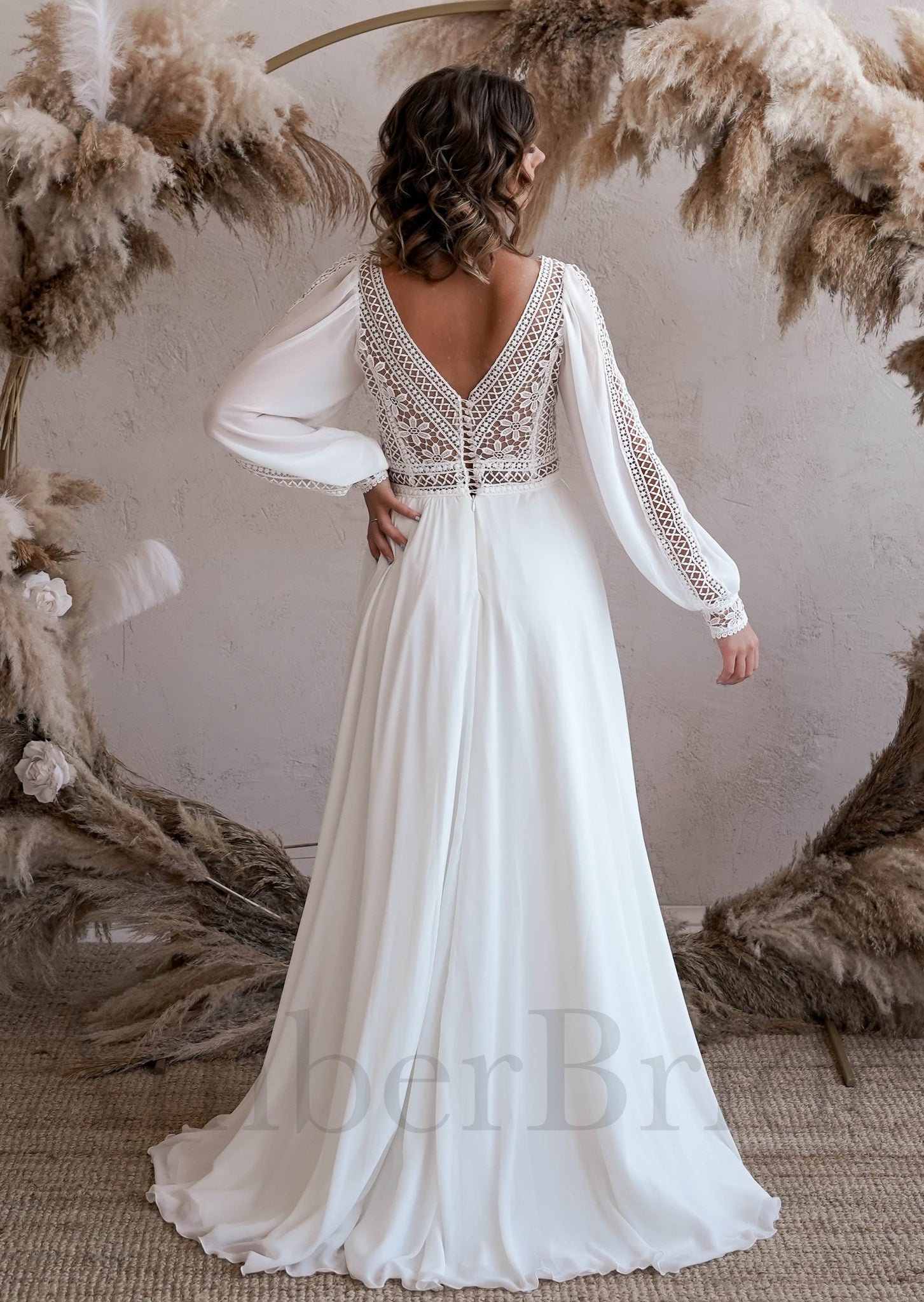 Boho Sleeved Flowy Lace Chiffon Wedding Dress