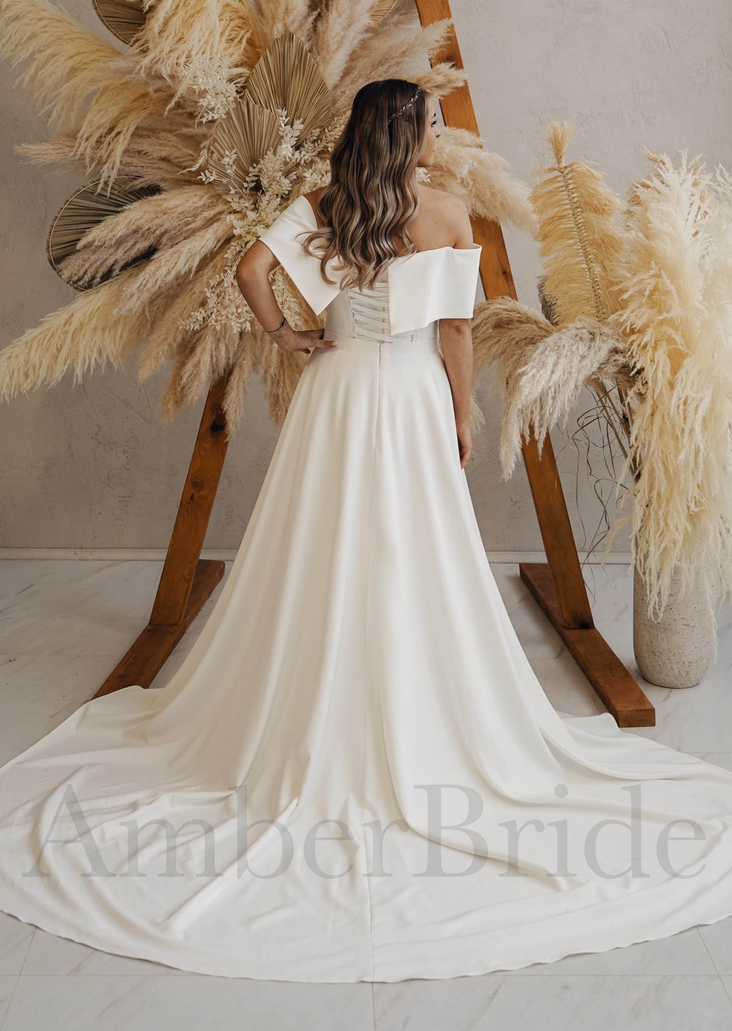 Casual A Line Satin Wedding Dress with Off Shoulder Design and Detachable Skirt