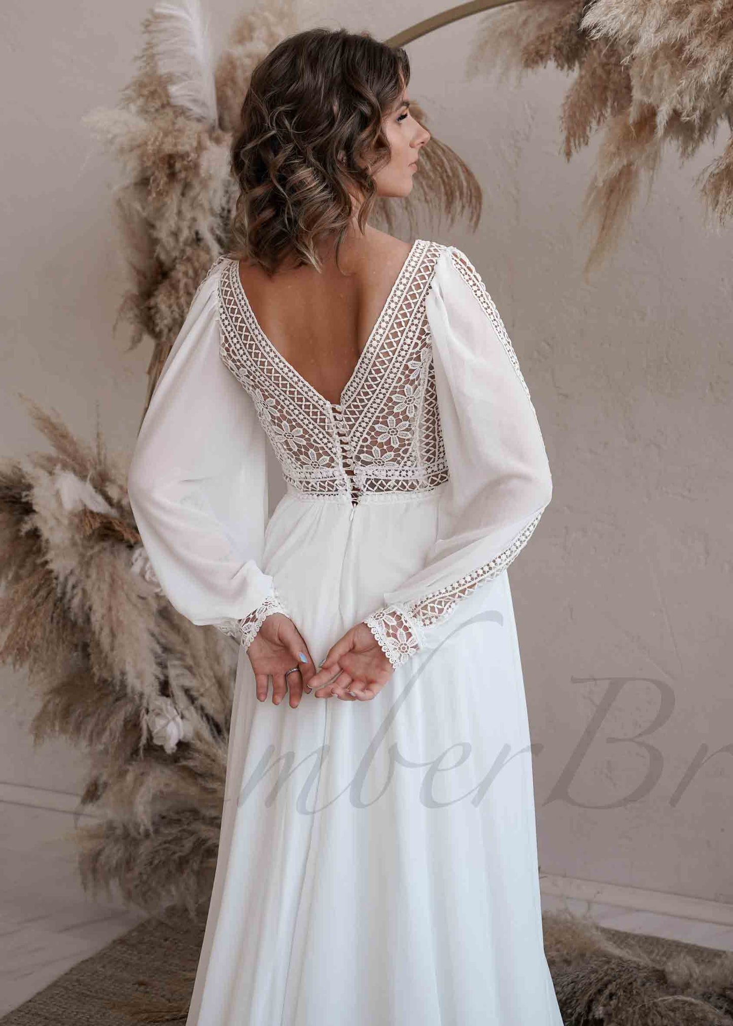 Boho A Line Lace and Chiffon Wedding Dress with Bishop Sleeve and Open V-Back