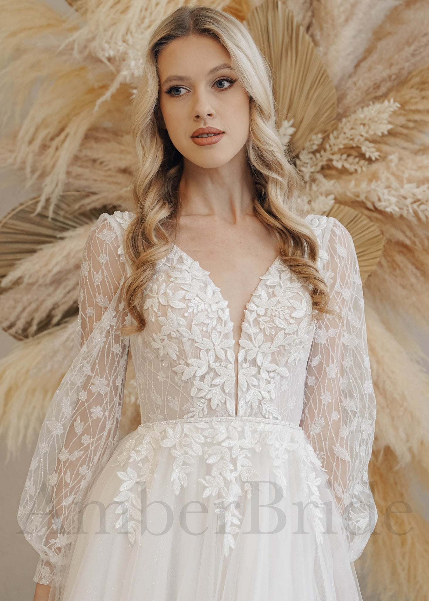 Rustic Floral Design Tulle Wedding Dress with Long Puffy Sleeves