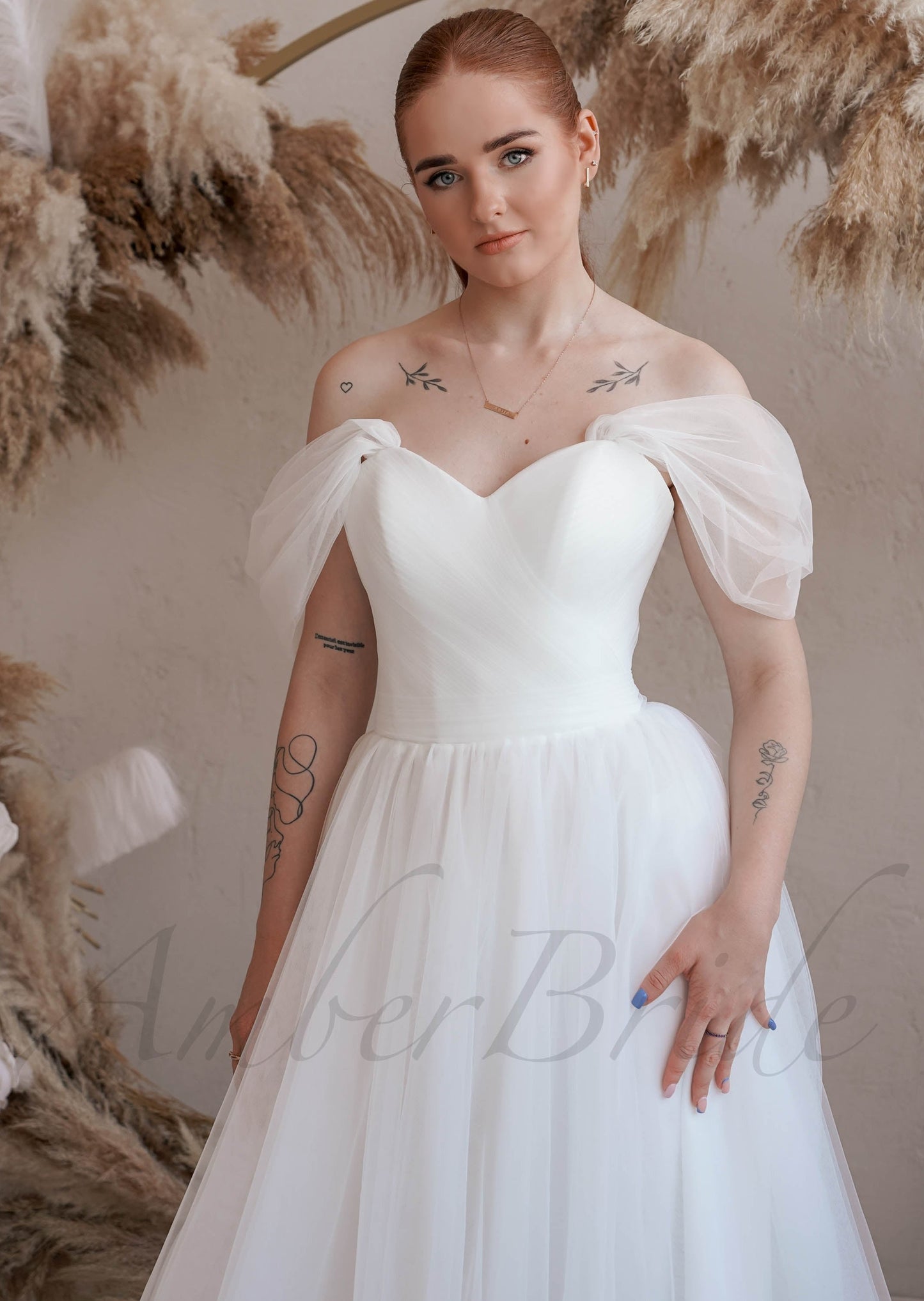 Simple A Line Folded Tulle Wedding Dress with Off Shoulder Design