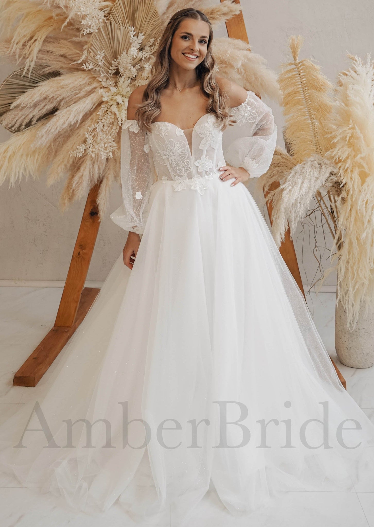 Ethereal Sleeve Lace Applique Tulle A-line Wedding Dress - Promfy