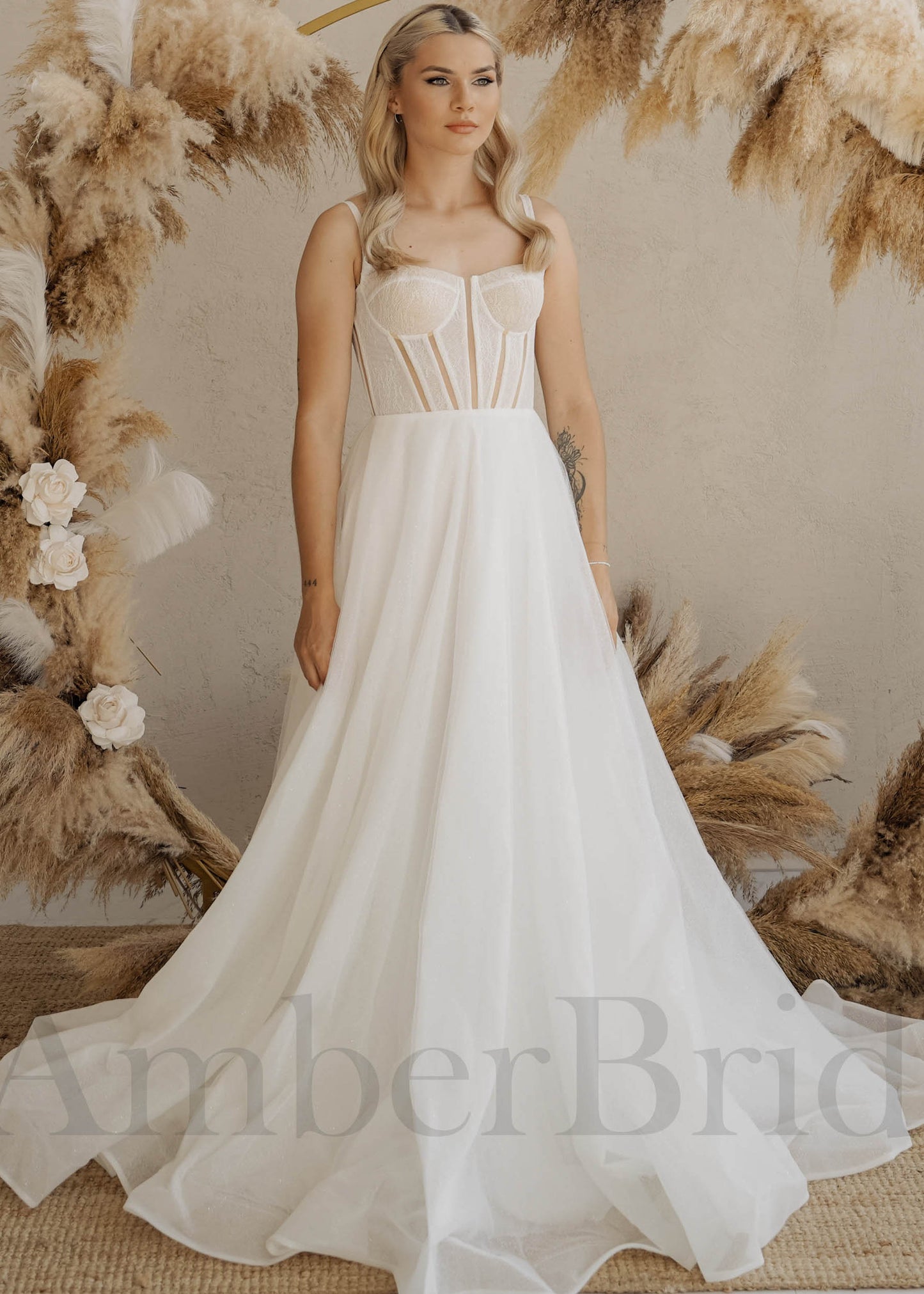 Simple Boho A Line Wedding Dress with Spaghetti Straps and Organza Skirt