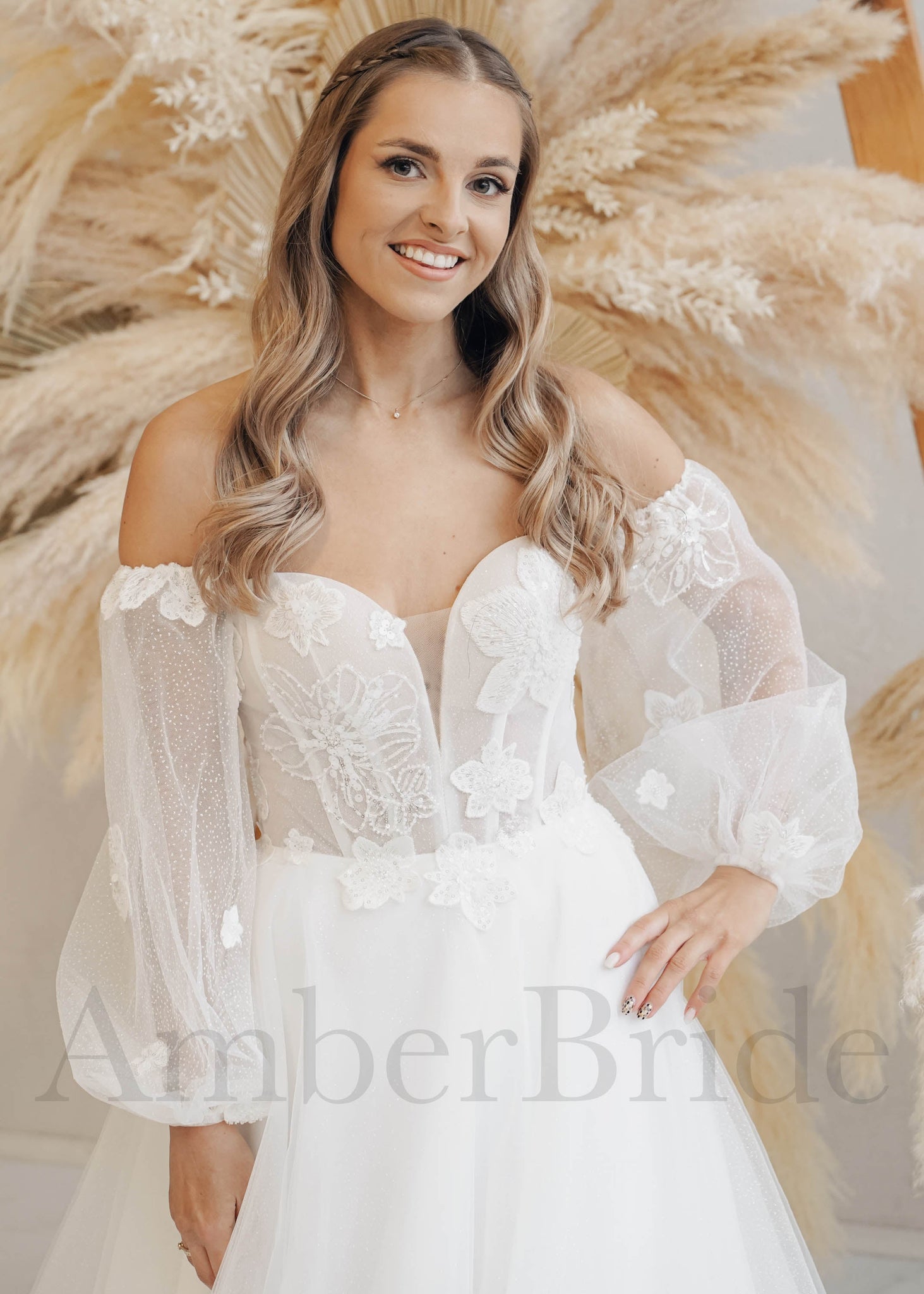 Rustic A Line Tulle Wedding Dress with Flower Appliques and Sheer Puffy Sleeves