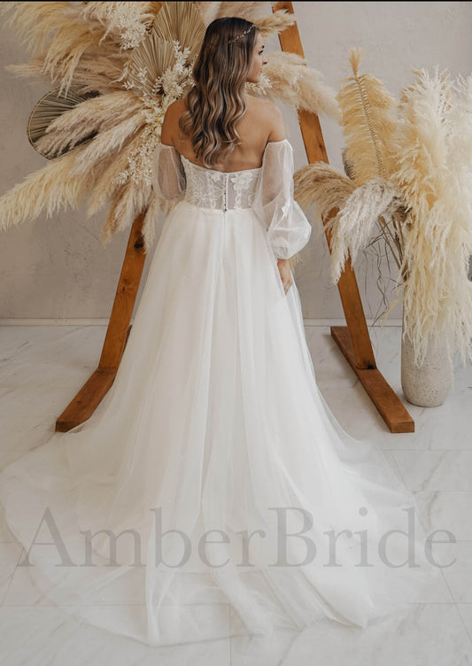 Rustic A Line Tulle Wedding Dress with Flower Appliques and Sheer Puffy Sleeves