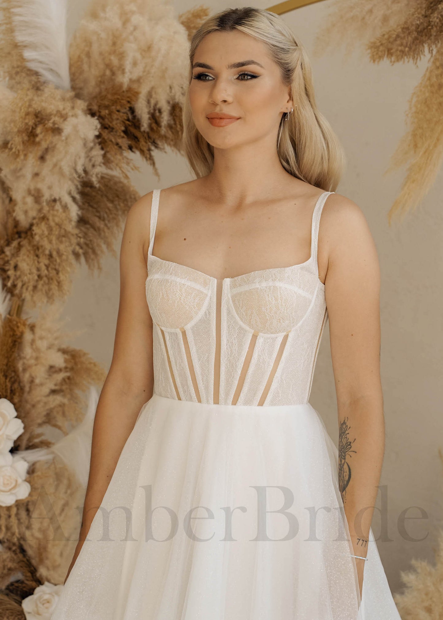 Simple Boho A Line Wedding Dress with Spaghetti Straps and Organza Skirt