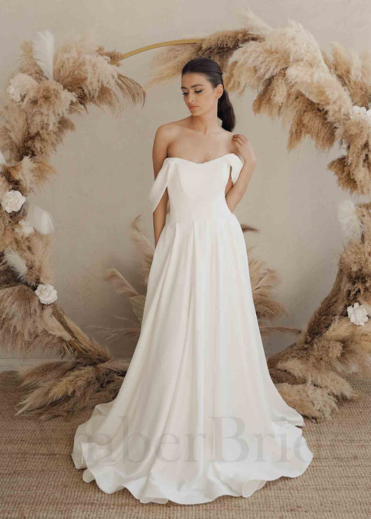 Simple A Line Satin Wedding Dress with Corset and Off Shoulder Design