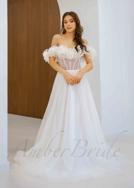 Exclusive A Line Tulle Wedding Dress with Off Shoulder Floral Bodice