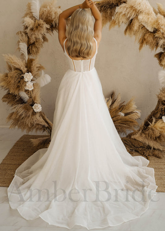 Simple Boho A Line Wedding Dress with Spaghetti Straps and Organza Skirt