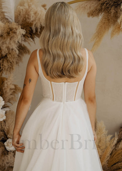 Simple Boho A Line Wedding Dress with Spaghetti Straps and Organza Skirt