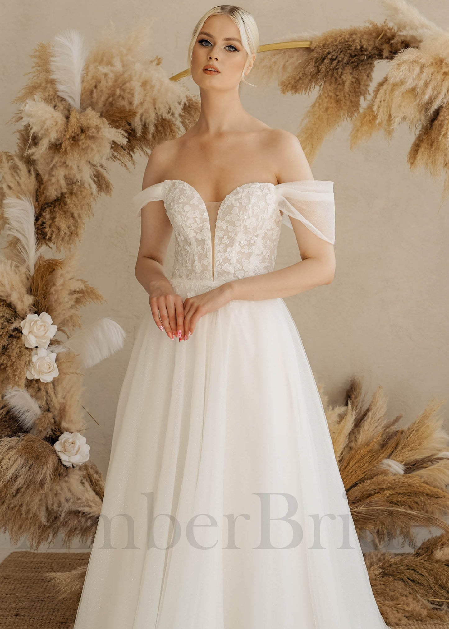 Rustic A Line Off Shoulder Wedding Dress with Detachable Sleeves