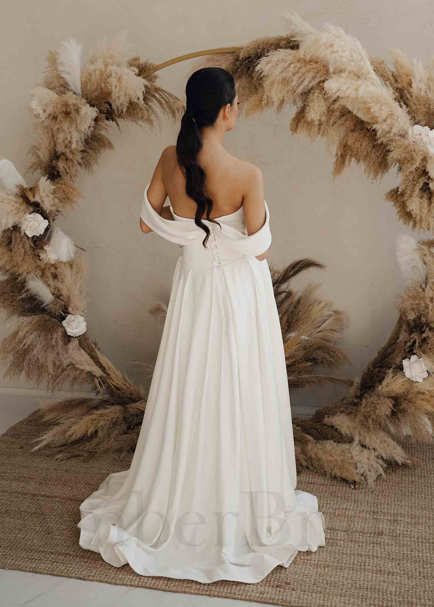 Simple A Line Satin Wedding Dress with Corset and Off Shoulder Design