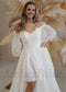 High Low Organza Wedding Dress with Off Shoulder Half Length Bishop Sleeves