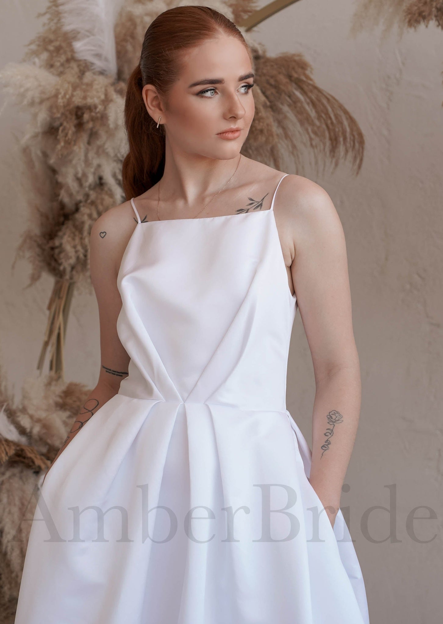 Unique Tea Length Backless Wedding Reception Dress with Spaghetti Straps