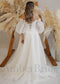 High Low Organza Wedding Dress with Off Shoulder Half Length Bishop Sleeves