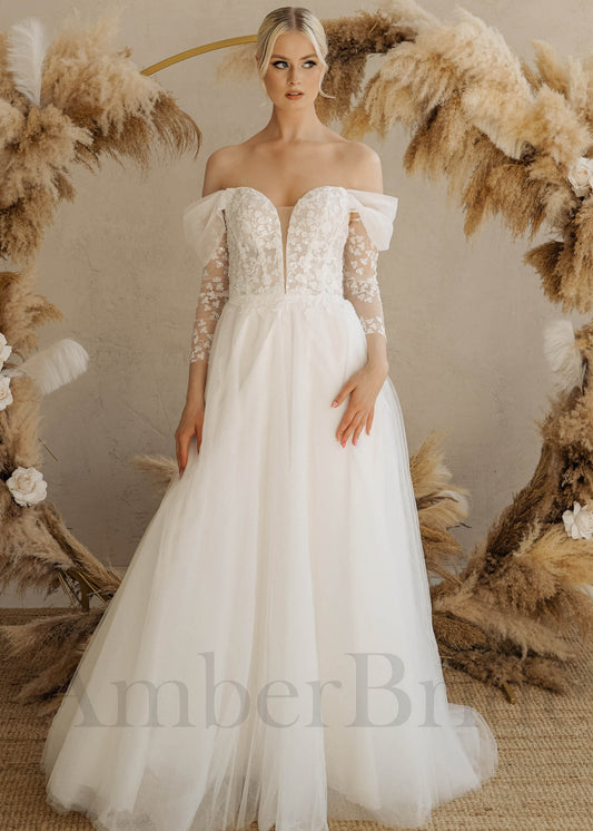 Rustic A Line Off Shoulder Wedding Dress with Detachable Sleeves