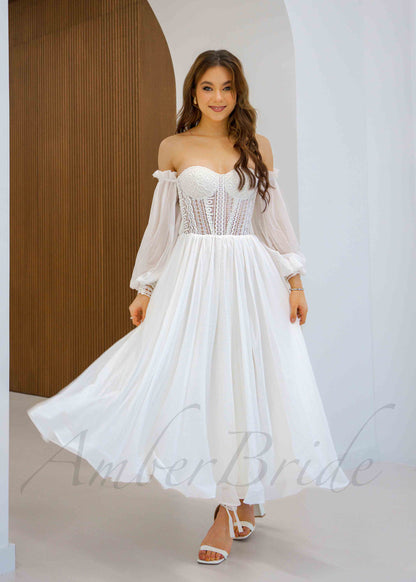 Short Boho Chiffon Wedding Dress Tea Length with Long Puffy Sleeve