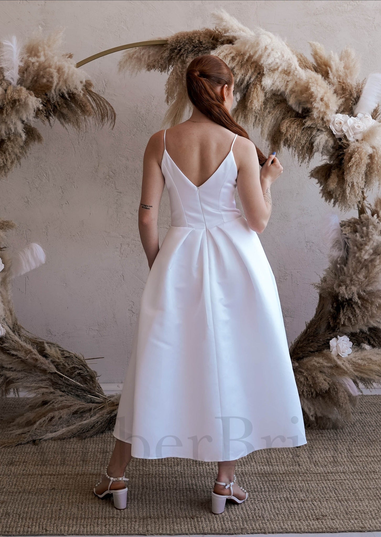 Unique Tea Length Backless Wedding Reception Dress with Spaghetti Straps