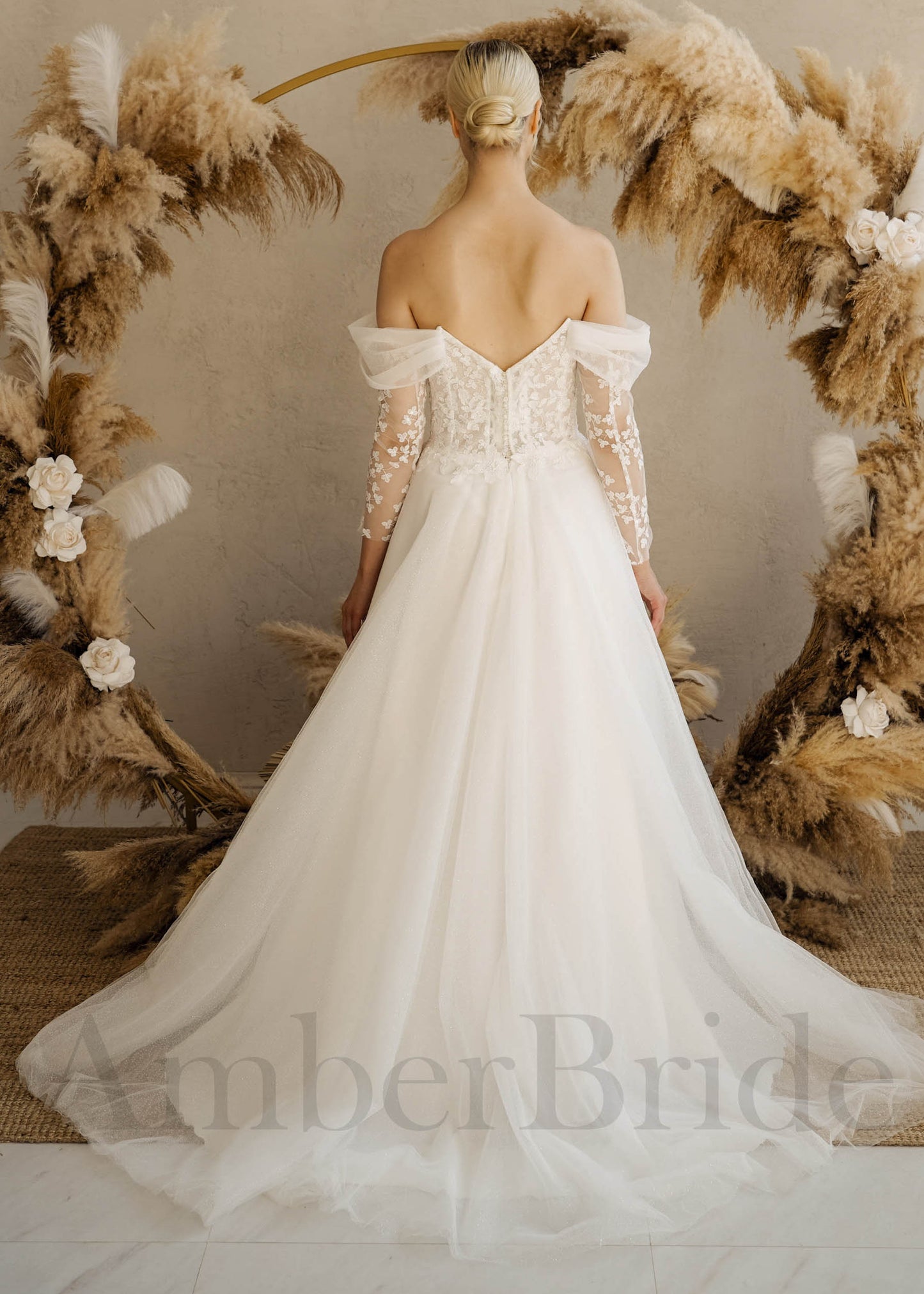 Rustic A Line Off Shoulder Wedding Dress with Detachable Sleeves