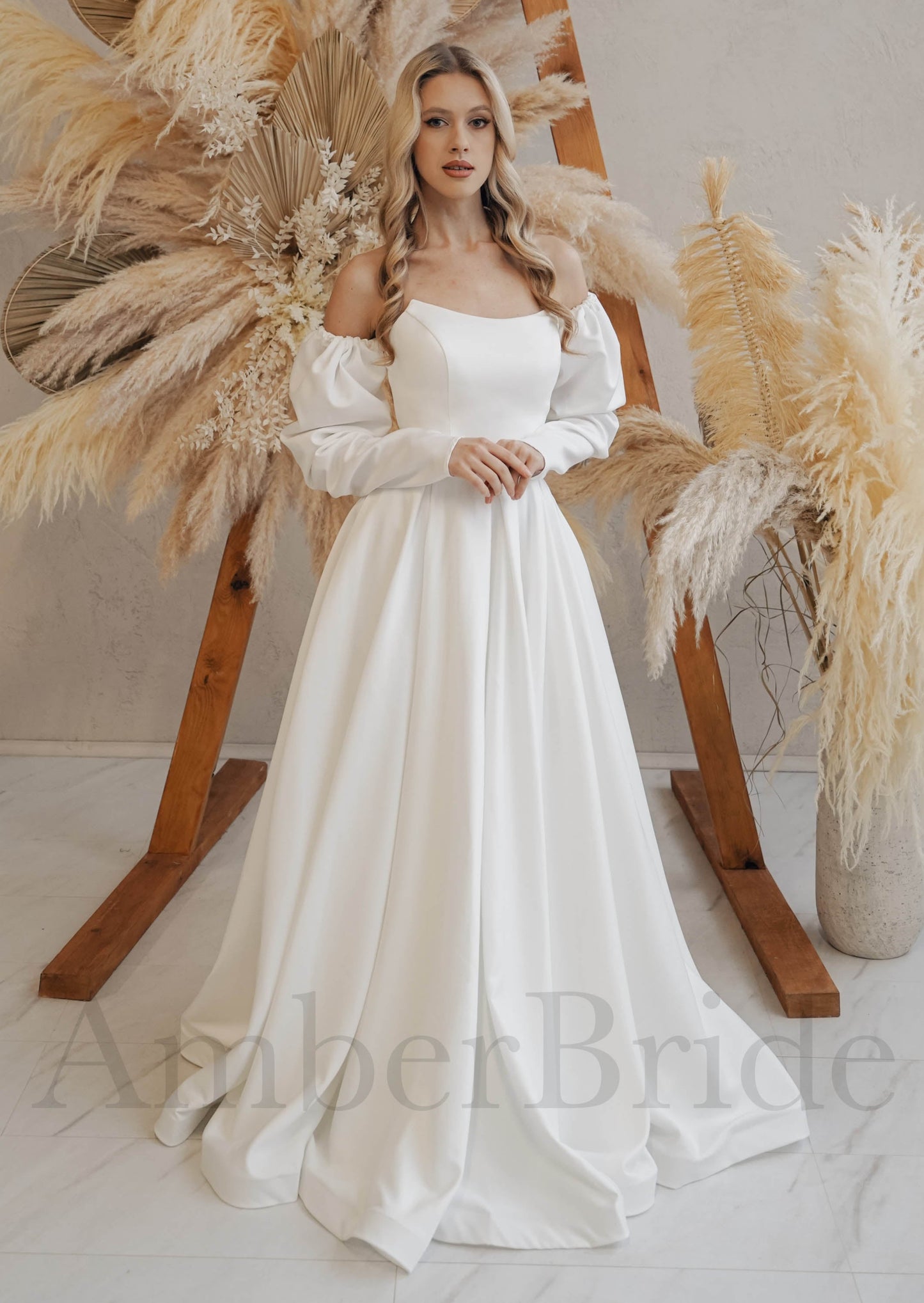 Simple A Line Strapless Satin Wedding Dress with Removable Long Sleeves
