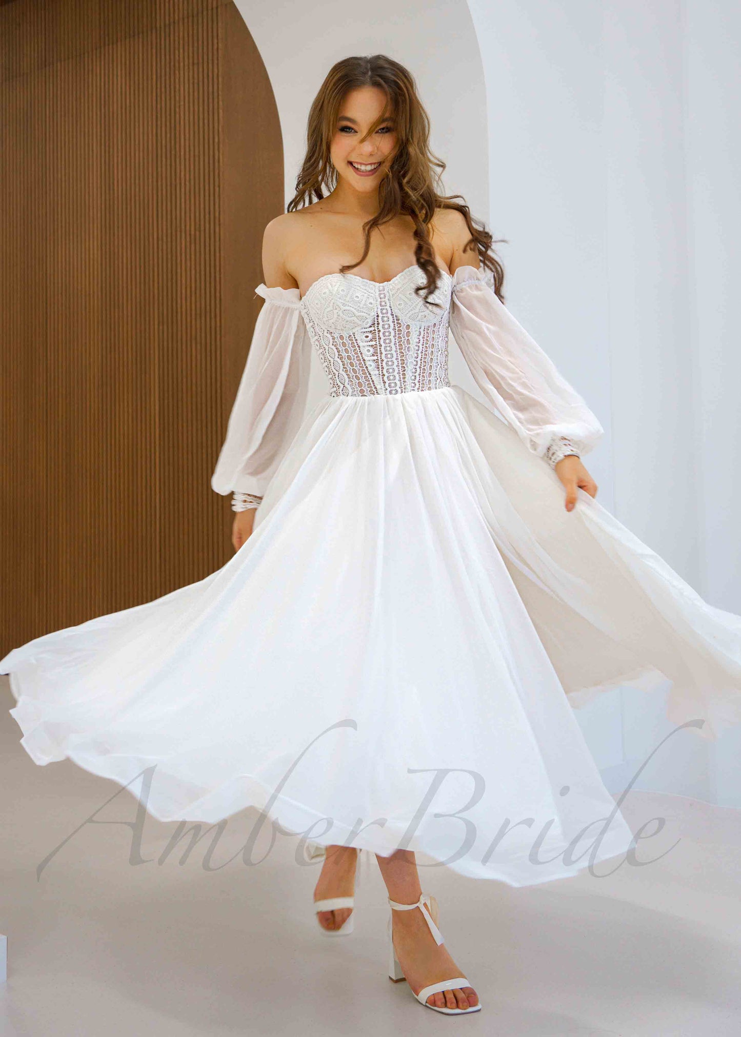 Short Boho Chiffon Wedding Dress Tea Length with Long Puffy Sleeve