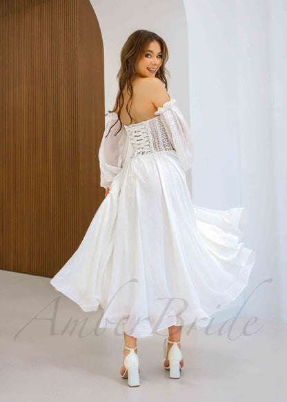 Short Boho Chiffon Wedding Dress Tea Length with Long Puffy Sleeve