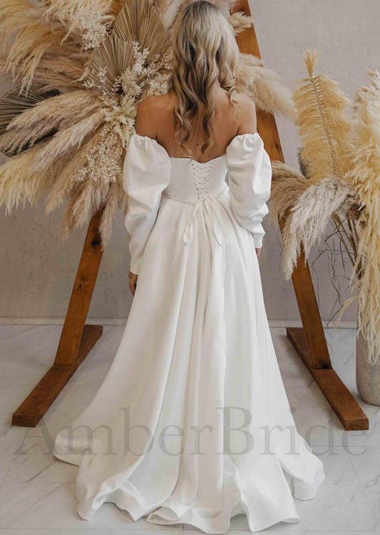 Simple A Line Strapless Satin Wedding Dress with Removable Long Sleeves