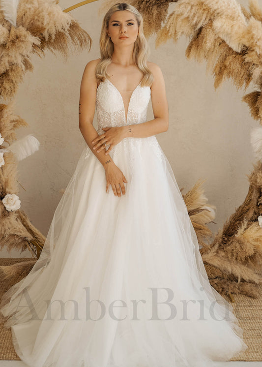 Boho A Line Tulle Wedding Dress with Spaghetti Straps and Deep V-Neck