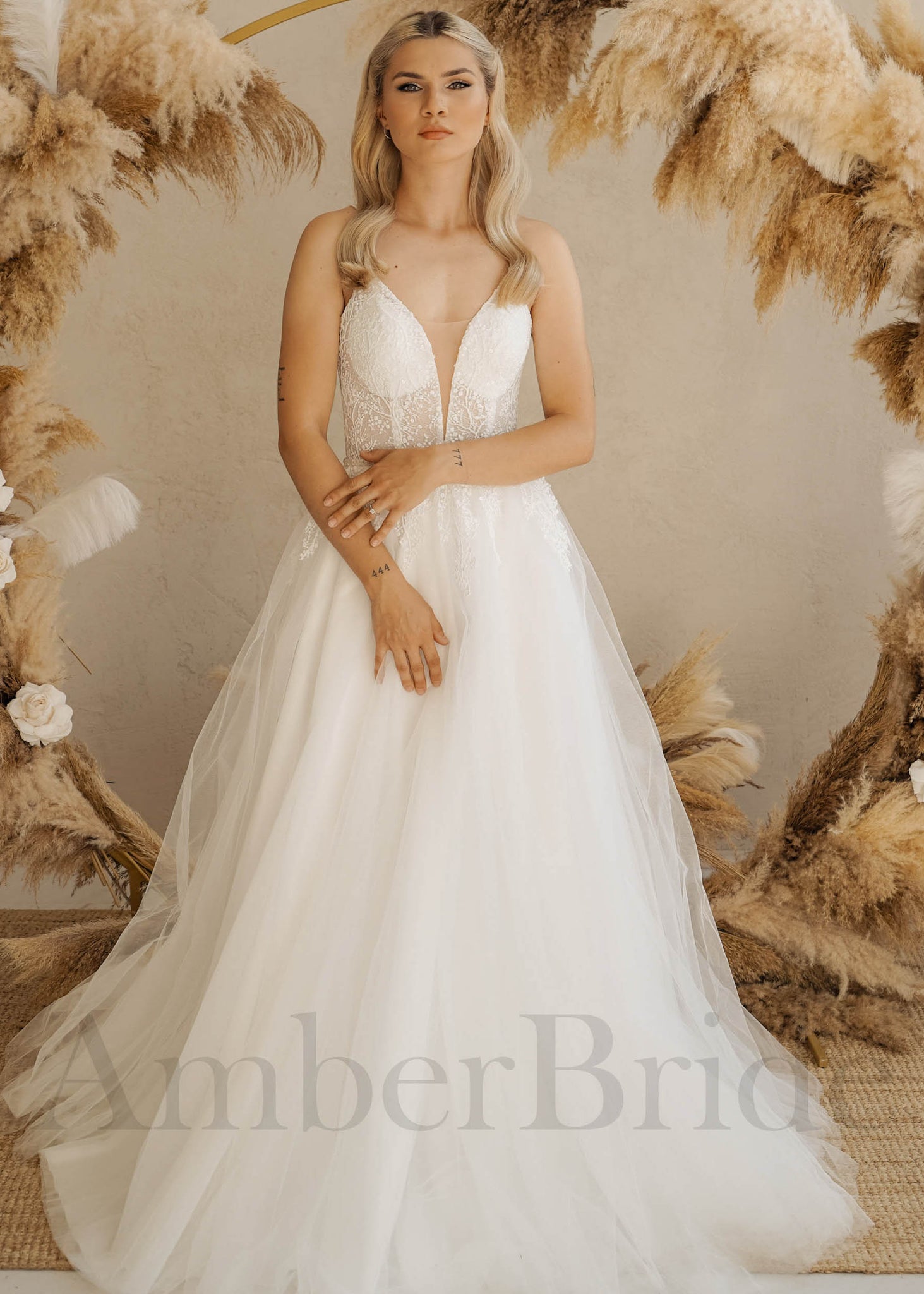 T242011_Charming Boho Tulle A-line Gown with V-Neckline and