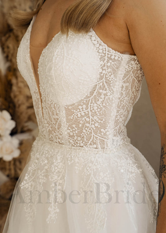 Boho A Line Tulle Wedding Dress with Spaghetti Straps and Deep V-Neck