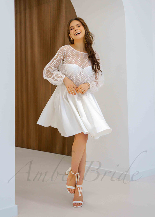 Short Strapless Satin Dress with Long Sleeve Bolero